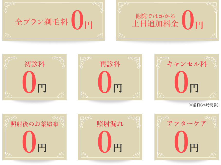 初診料0円 再診料0円 キャンセル料金0円 剃毛料0円 照射漏れ0円 アフターケア0円