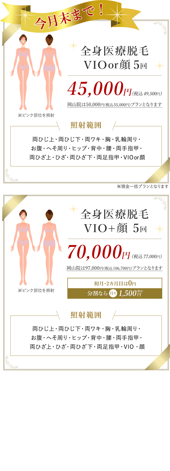 全身医療脱毛プチ 全身脱毛5回 33,000円（税別） 全身医療脱毛パーフェクト 全身脱毛5回 96,000円（税別）