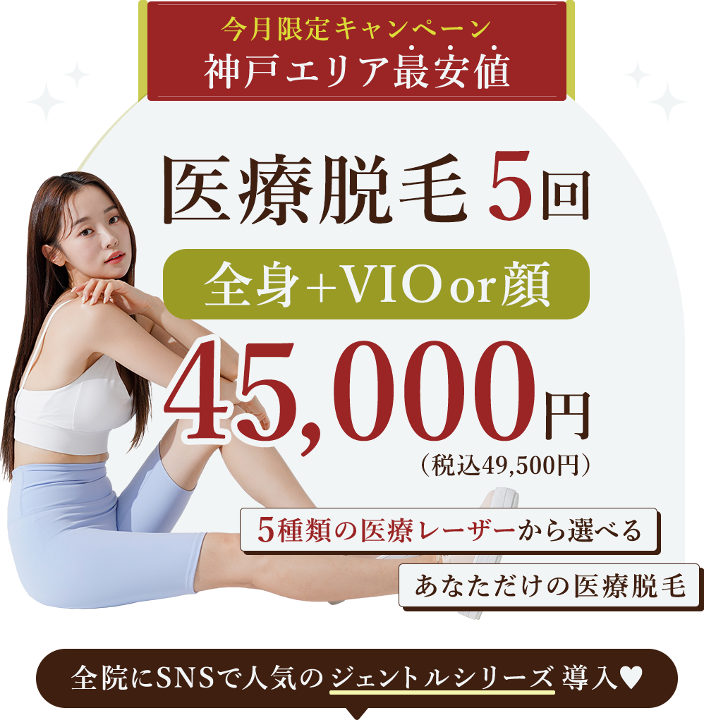 全身医療脱毛 5回45,000円（税別） オーダーメイド脱毛 最短5か月で脱毛完了 追加料金不要