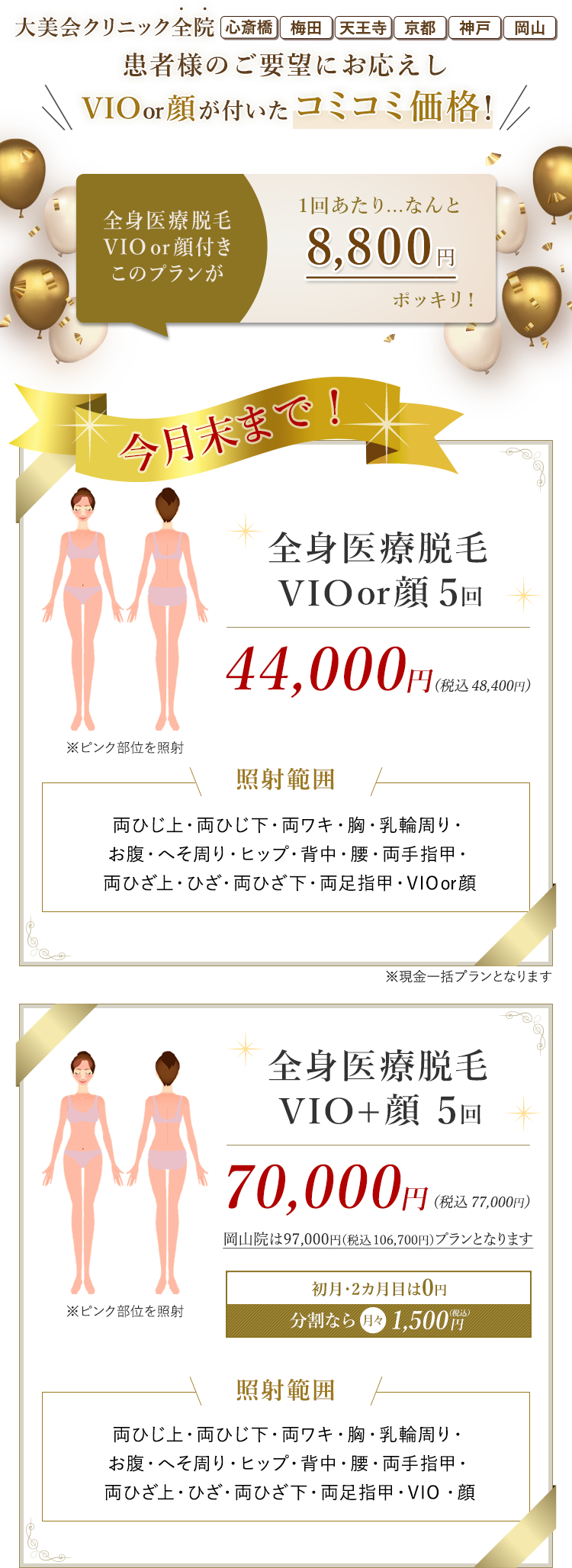 今月末まで 全身医療脱毛プチ 全身脱毛5回 33,000円（税別） 見える部位だけ脱毛 前日・当日キャンセルでも1回消化なし 途中解約でも返金保証