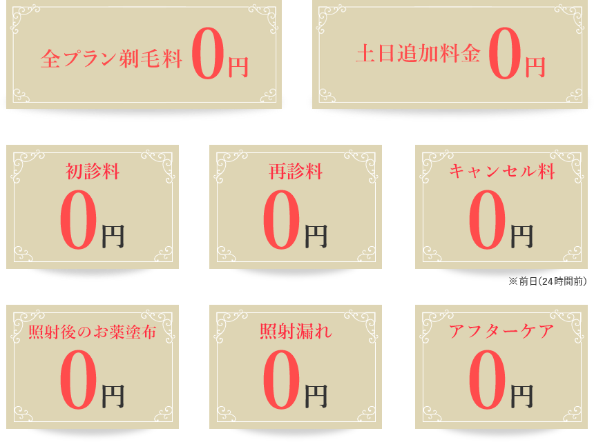 初診料0円 再診料0円 キャンセル料金0円 剃毛料0円 照射漏れ0円 アフターケア0円