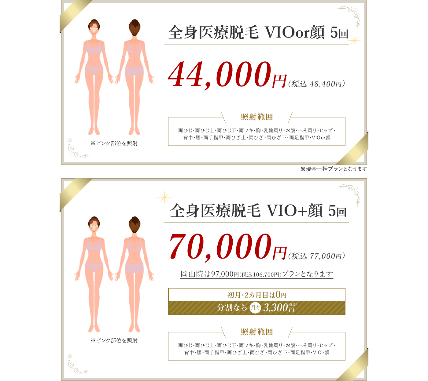 全身医療脱毛プチ 全身脱毛5回 33,000円（税別） 全身医療脱毛パーフェクト 全身脱毛5回 96,000円（税別）