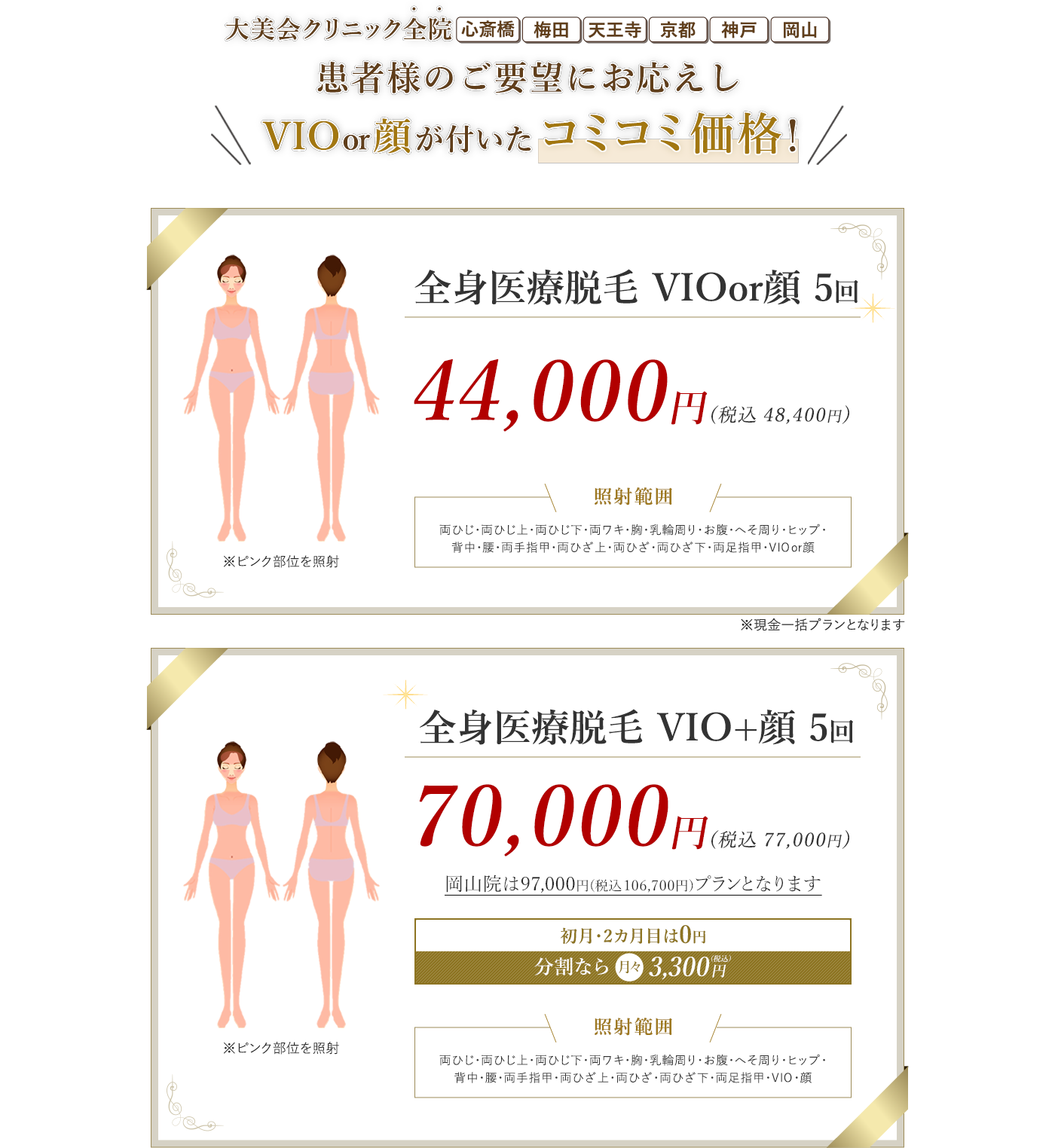 全身医療脱毛プチ 全身脱毛5回 29,800円（税別） 見える部位だけ脱毛 前日・当日キャンセルでも1回消化なし 途中解約でも返金保証