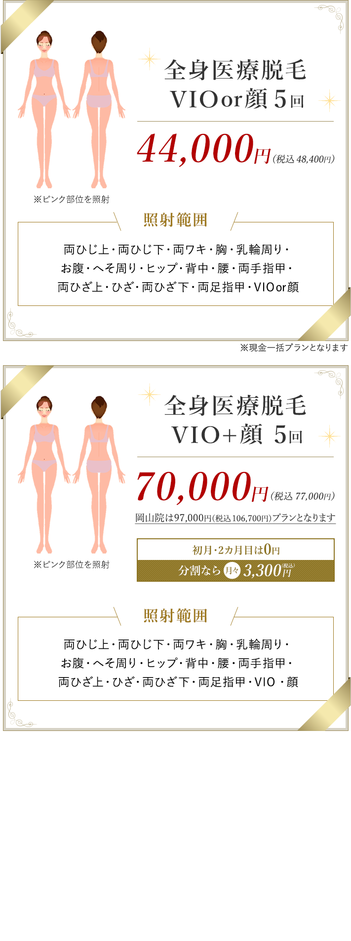 全身医療脱毛プチ 全身脱毛5回 33,000円（税別） 全身医療脱毛パーフェクト 全身脱毛5回 96,000円（税別）