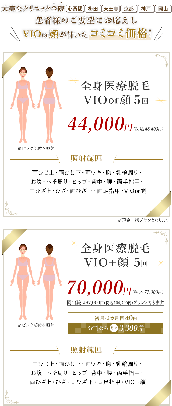 全身医療脱毛プチ 全身脱毛5回 33,000円（税別） 見える部位だけ脱毛 前日・当日キャンセルでも1回消化なし 途中解約でも返金保証